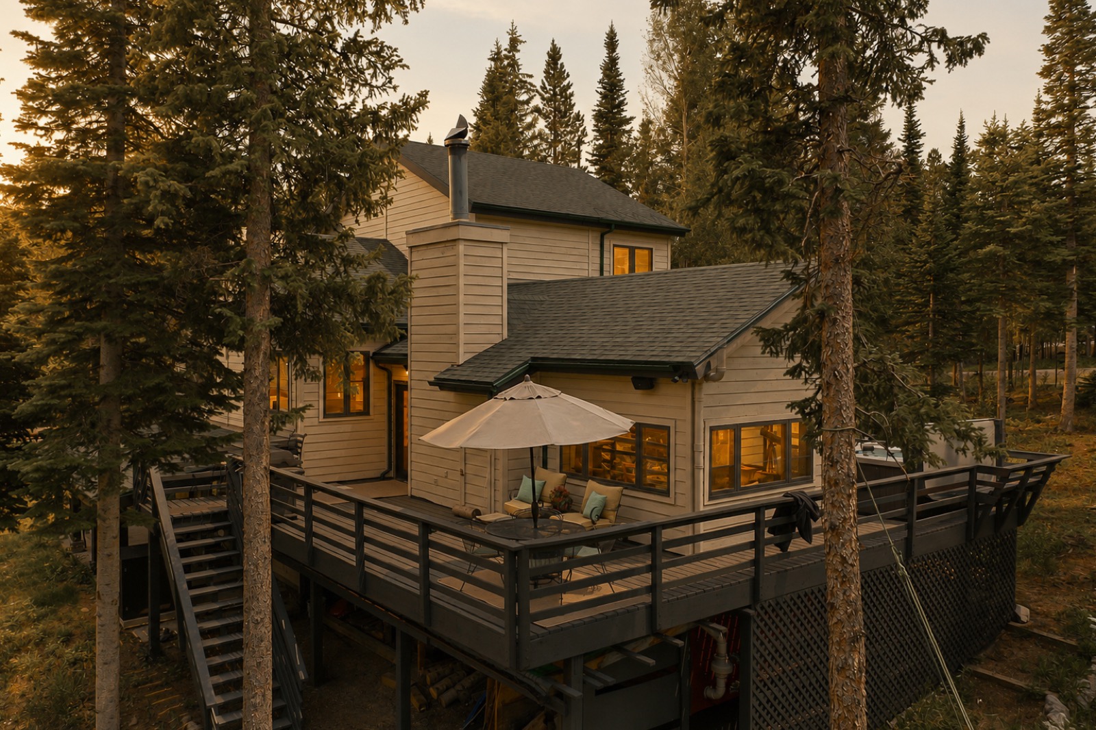 Mountain home at dusk with wraparound deck, patio umbrella, and glowing windows in the pines