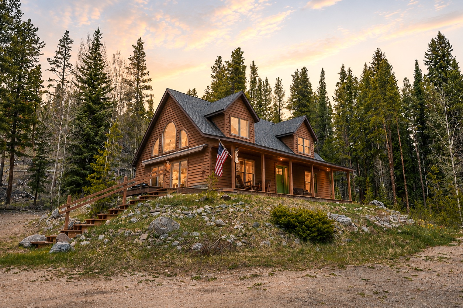 Log cabin at sunset on a rocky rise with covered porch and American flag